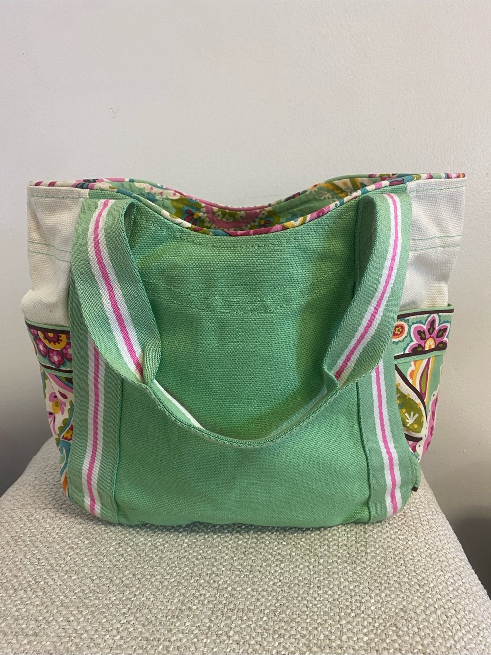 Mint Green Canvas Tote with Floral Trim
